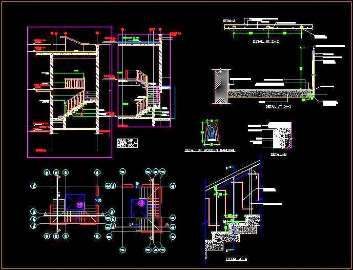 Staircase Design CAD- Plan, MS Railing, & Wooden Handrail